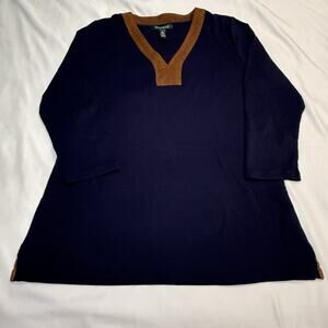 Lauren Ralph Lauren Navy Blue 3/4 Sleeve V-Neck Faux Suede Top SZ Large